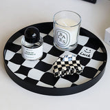 Round Storage Organizer Tray Checkerboard Design Plate Container Tray for Fruit Perfume Jewelry Black, Large