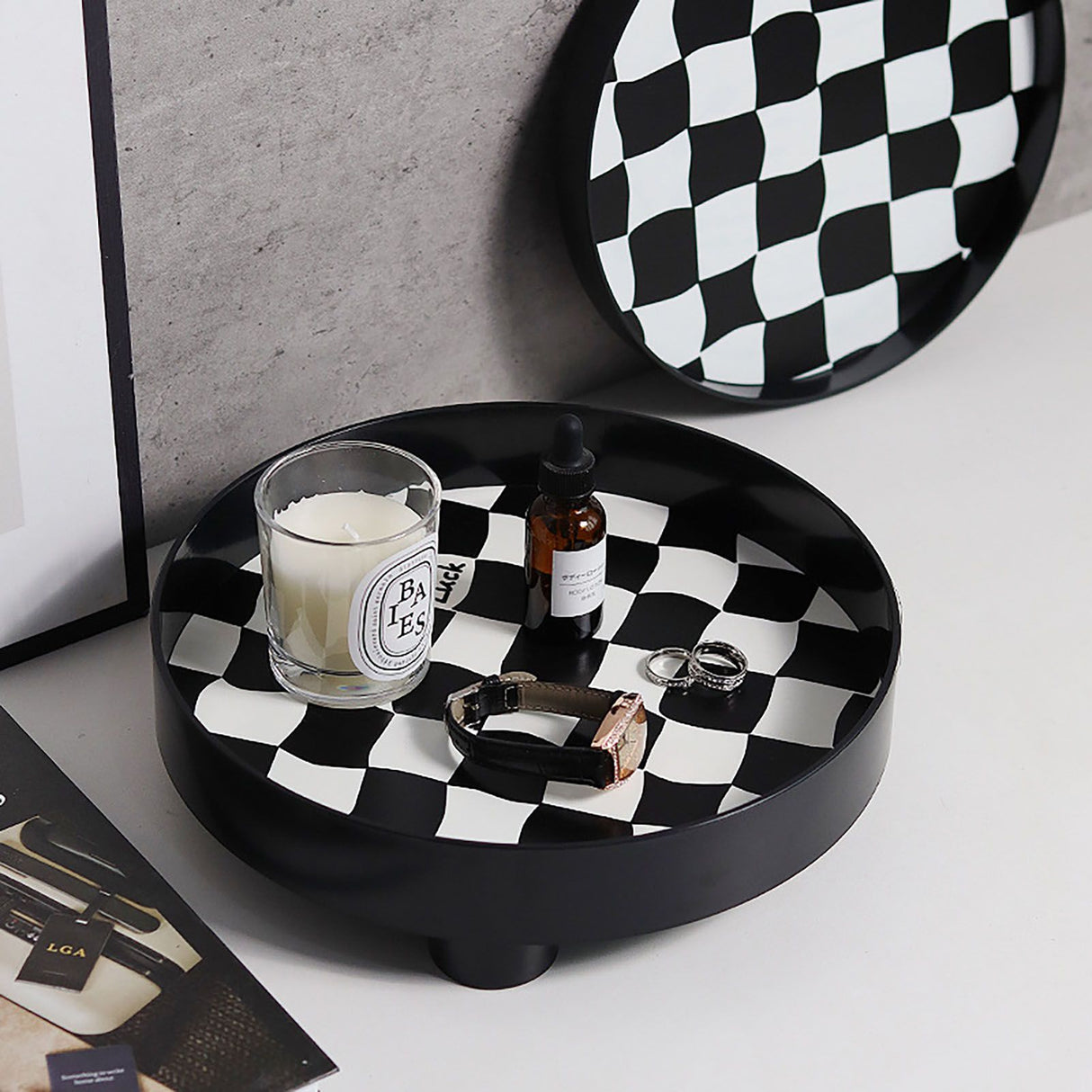 Round Storage Organizer Tray Checkerboard Design Plate Container Tray for Fruit Perfume Jewelry Black, Large