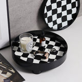 Round Storage Organizer Tray Checkerboard Design Plate Container Tray for Fruit Perfume Jewelry Black, Large