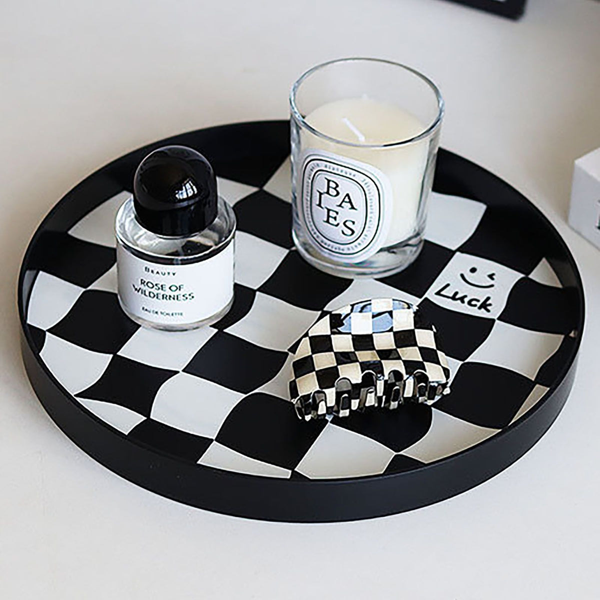 Round Storage Organizer Tray Checkerboard Design Plate Container Tray for Fruit Perfume Jewelry Black, Small