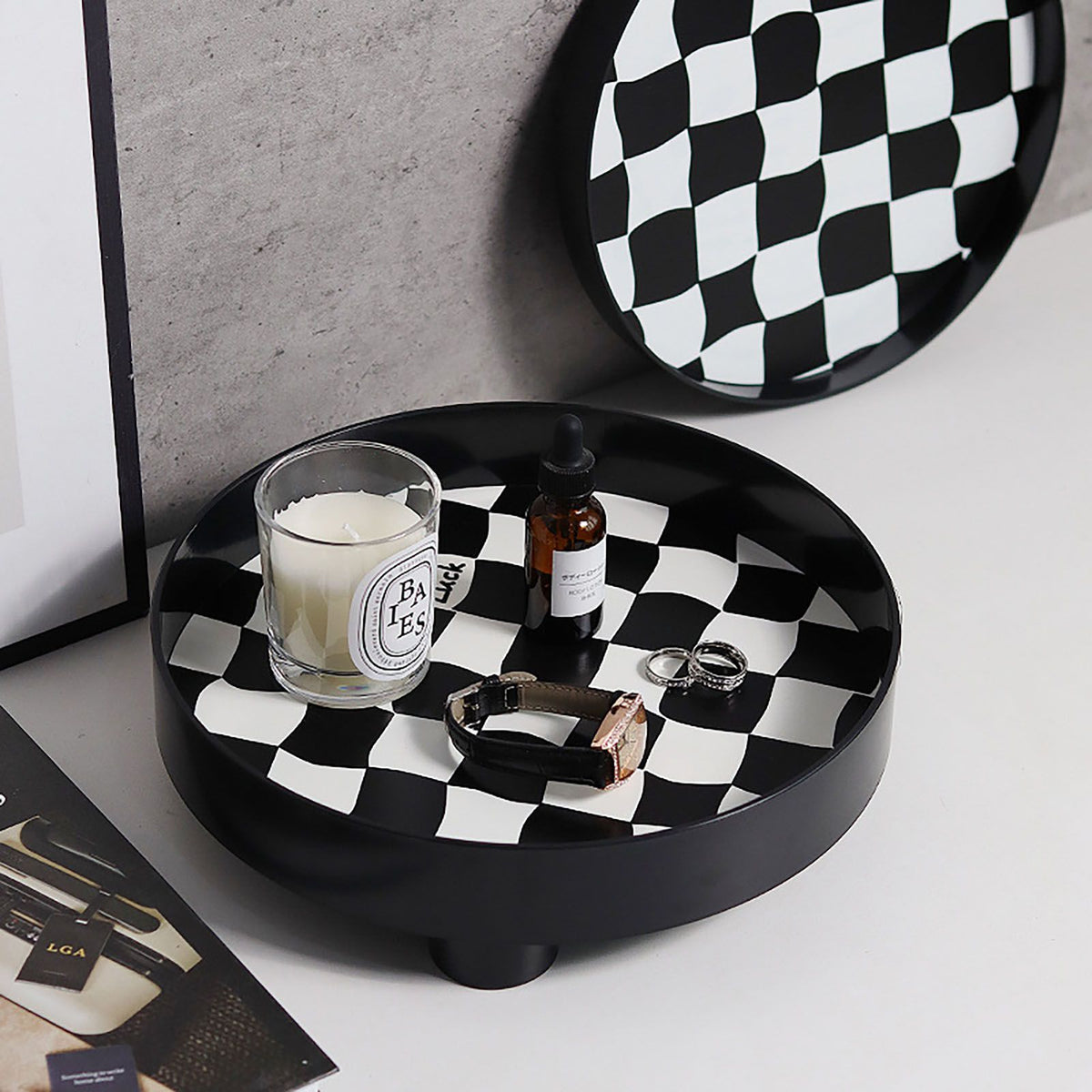 Round Storage Organizer Tray Checkerboard Design Plate Container Tray for Fruit Perfume Jewelry Black, Small
