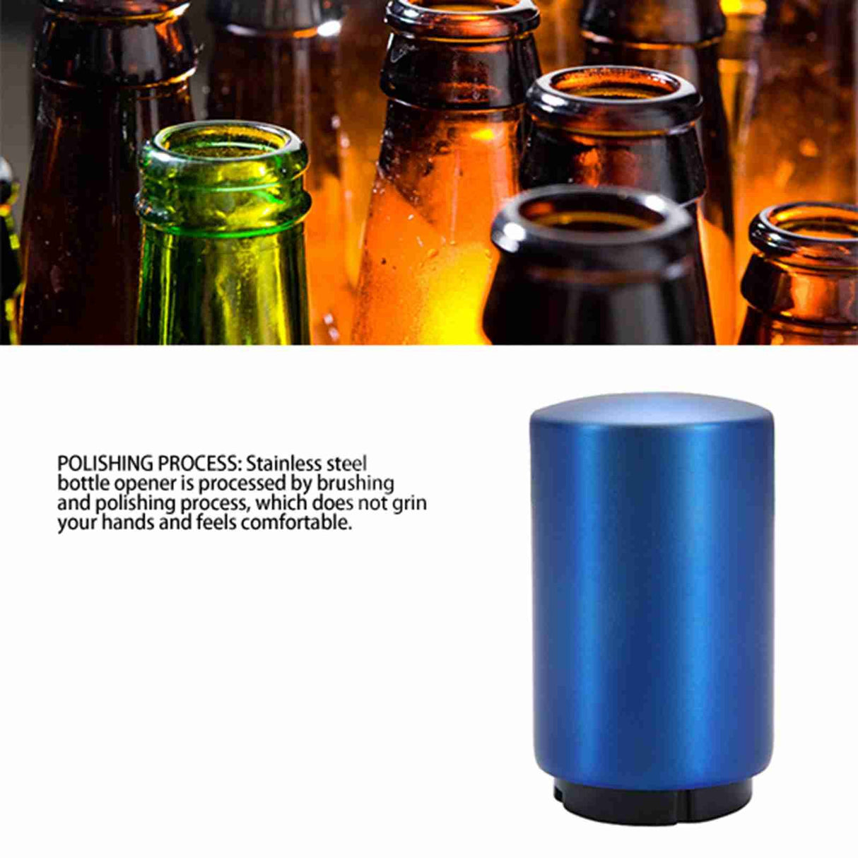 Automatic Bottle Opener Magnetic Stainless Steel Push Down Bottle Lid Opening Tool for Beer Glass Beverage Bottle Blue
