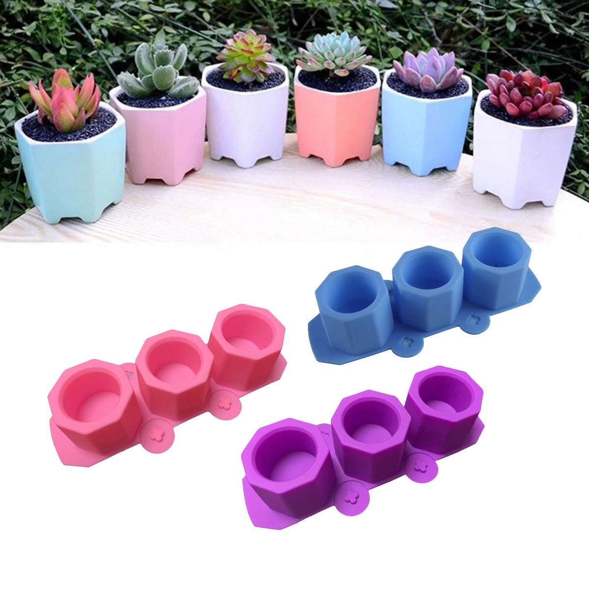 3 Pcs Silicone Planter Mold For Making Concrete Flower Pots DIY Succulent Plants Blue Pink Purple