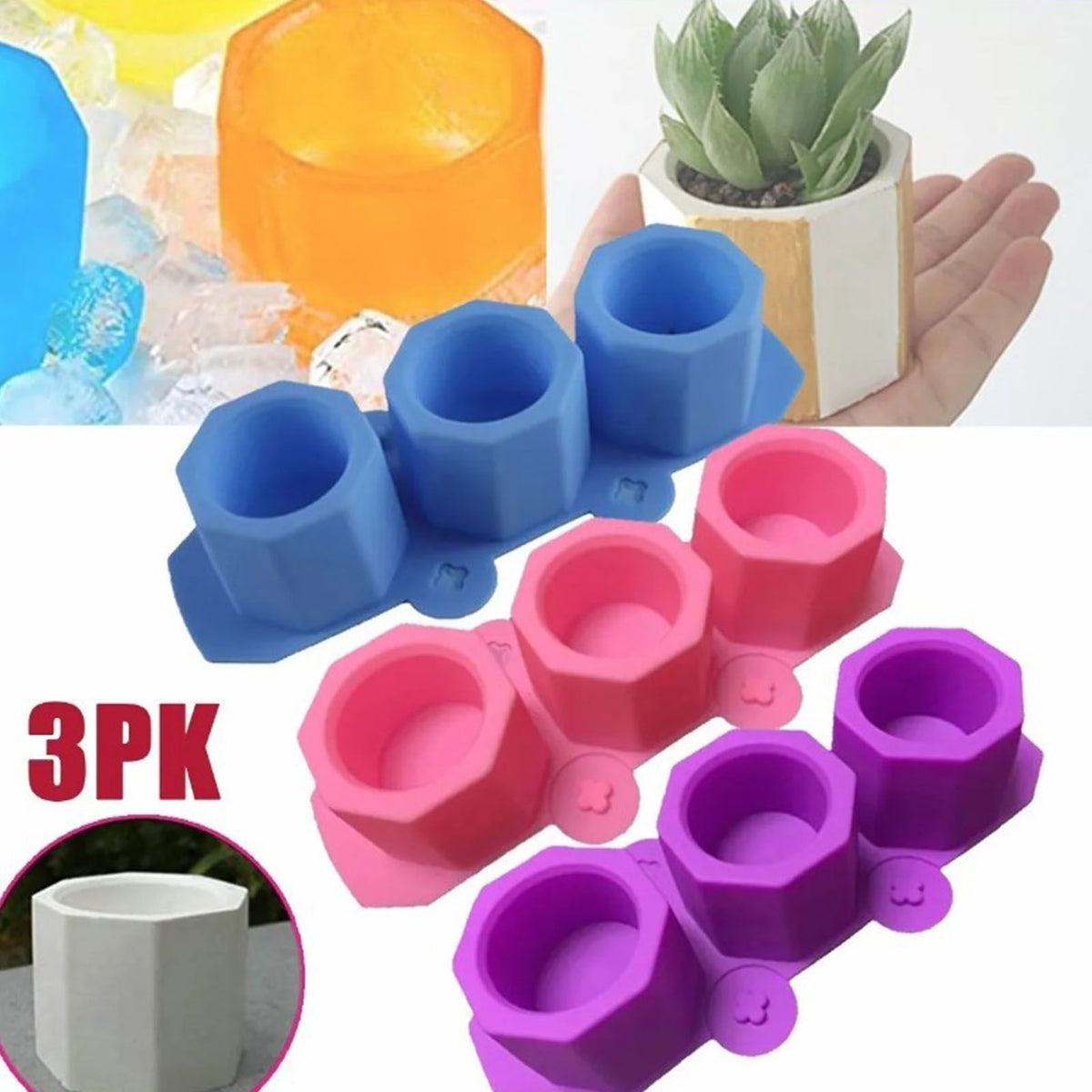 3 Pcs Silicone Planter Mold For Making Concrete Flower Pots DIY Succulent Plants Blue Pink Purple