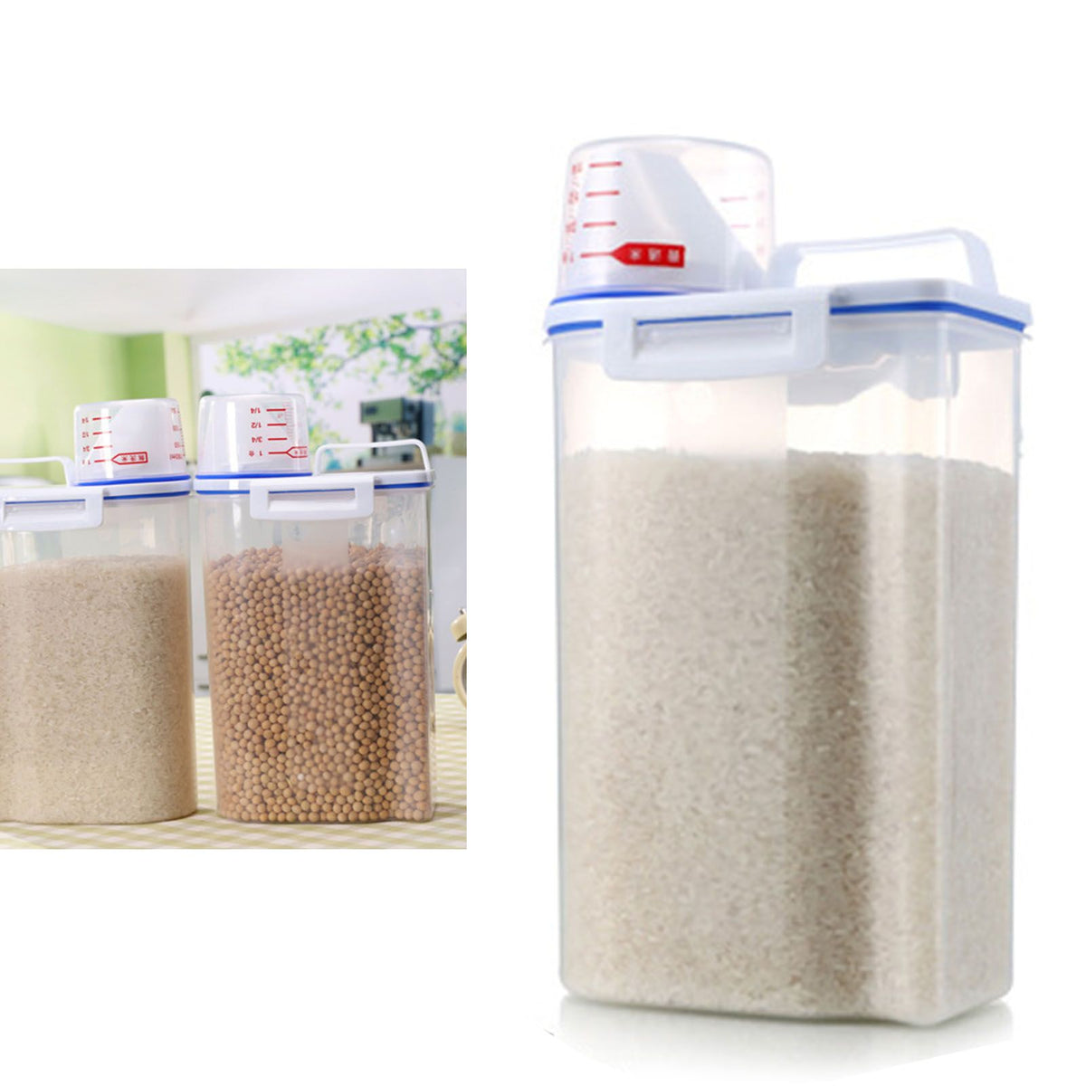 Rice Storage Barrel 2KG Capacity BPA Free Airtight Cereal Container with Measuring Cup Lid for Grain Flour Nuts