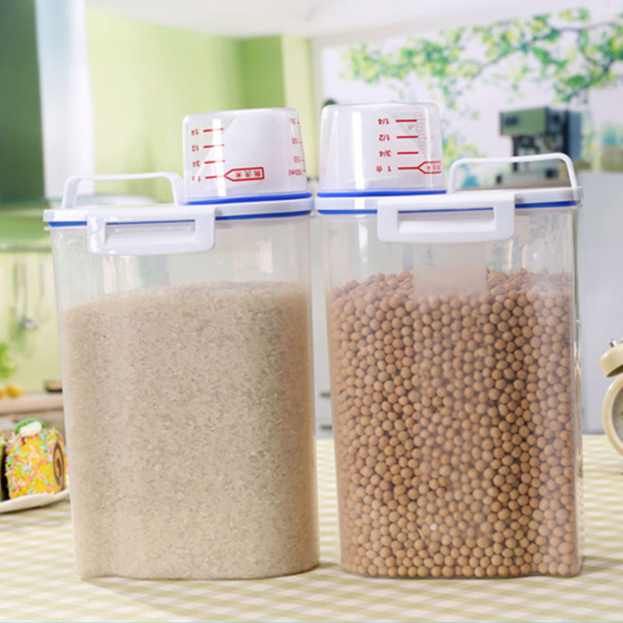 Rice Storage Barrel 2KG Capacity BPA Free Airtight Cereal Container with Measuring Cup Lid for Grain Flour Nuts