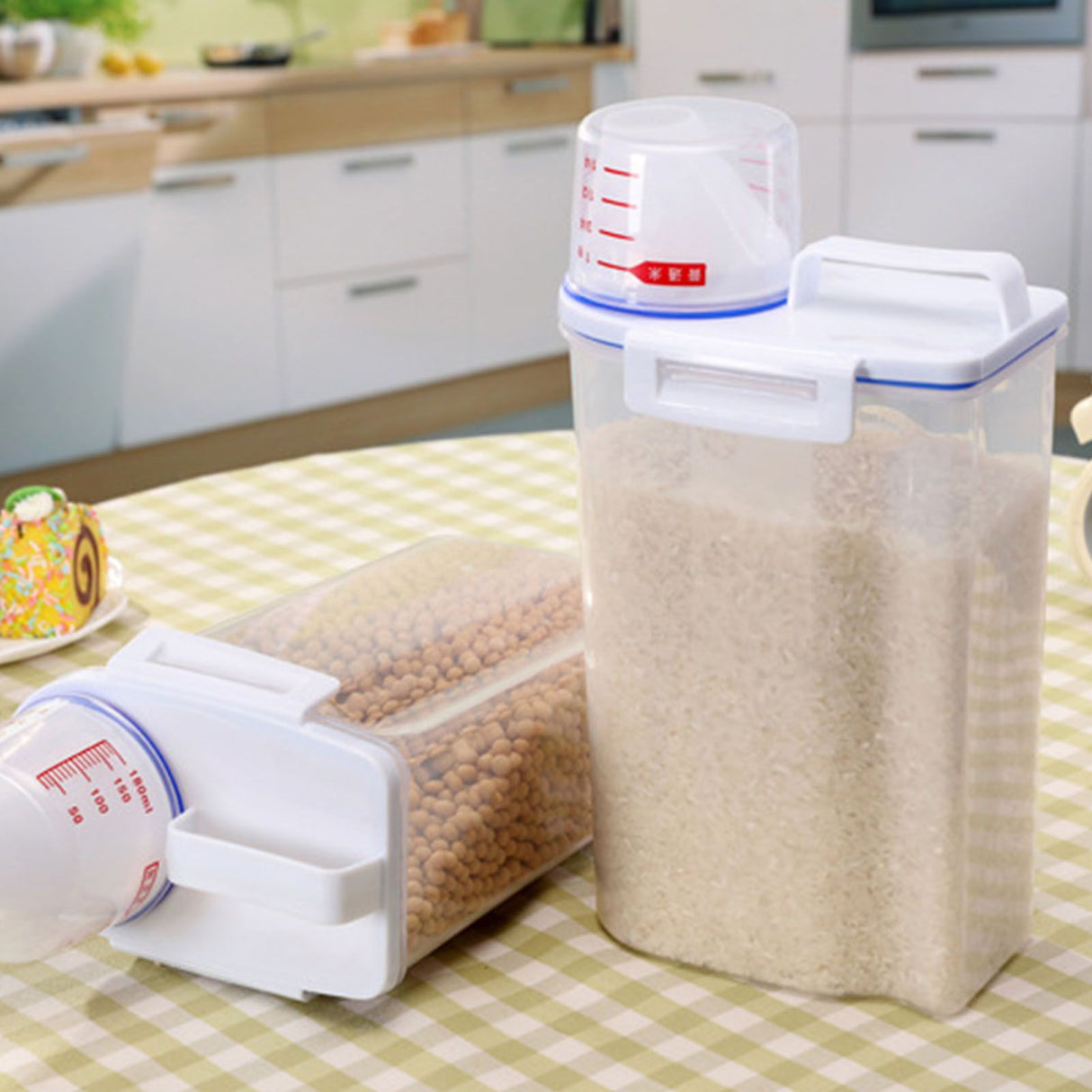 Rice Storage Barrel 2KG Capacity BPA Free Airtight Cereal Container with Measuring Cup Lid for Grain Flour Nuts
