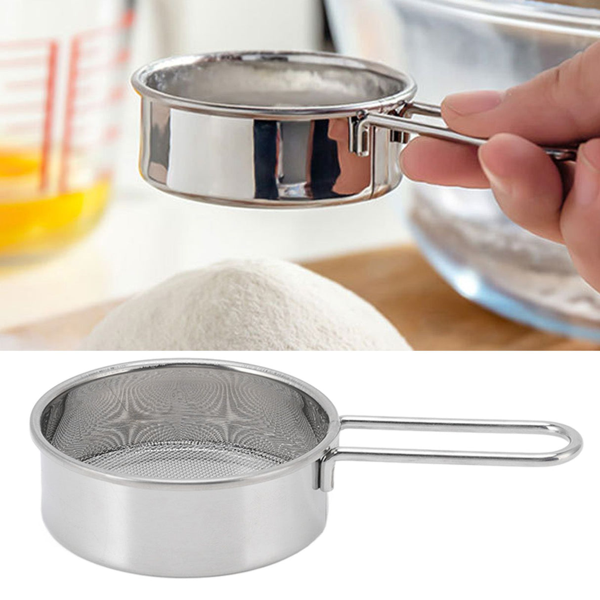 Flour Sieve Strainer 304 Stainless Steel Lightweight Easy Cleaning Ergonomic Handle Mesh Round Sifter for Baking