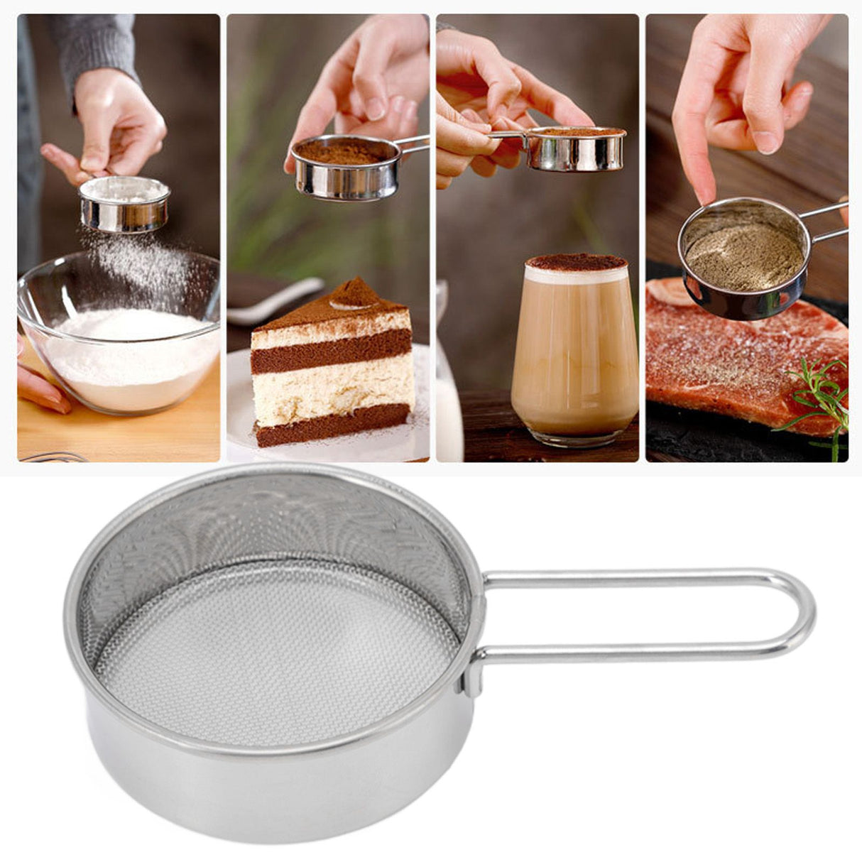 Flour Sieve Strainer 304 Stainless Steel Lightweight Easy Cleaning Ergonomic Handle Mesh Round Sifter for Baking