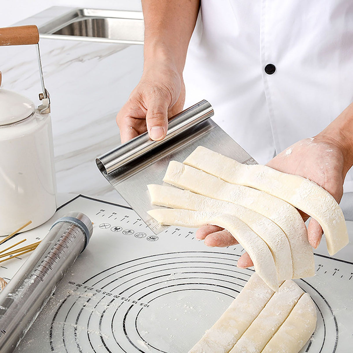 Adjustable Thicknes Flour Rolling Pin with Scale Mat Dough Scraper 430 Stainless Steel Cooking Tools Baking Utensils