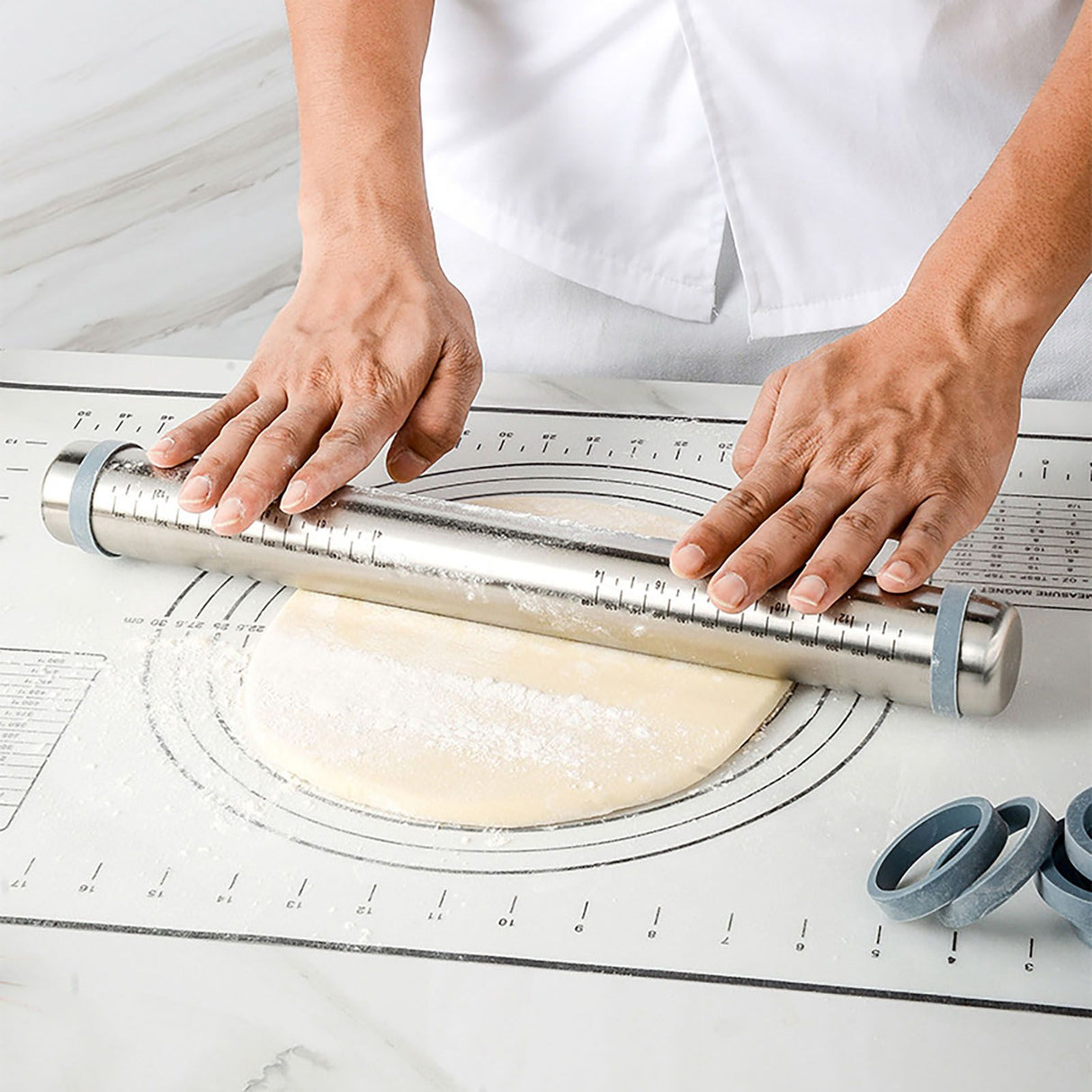 Adjustable Thicknes Flour Rolling Pin with Scale Mat Dough Scraper 430 Stainless Steel Cooking Tools Baking Utensils