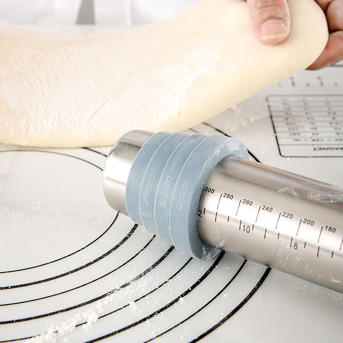 Adjustable Thicknes Flour Rolling Pin with Scale Mat Dough Scraper 430 Stainless Steel Cooking Tools Baking Utensils