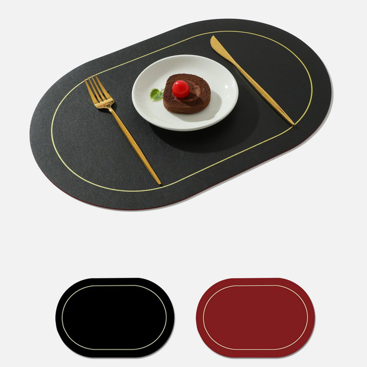 2Pcs Leather Oval Dining Food Mat Oil Proof Insulation Restaurant Table Home Hotel Non Slip Bowl Pad Placemat Black