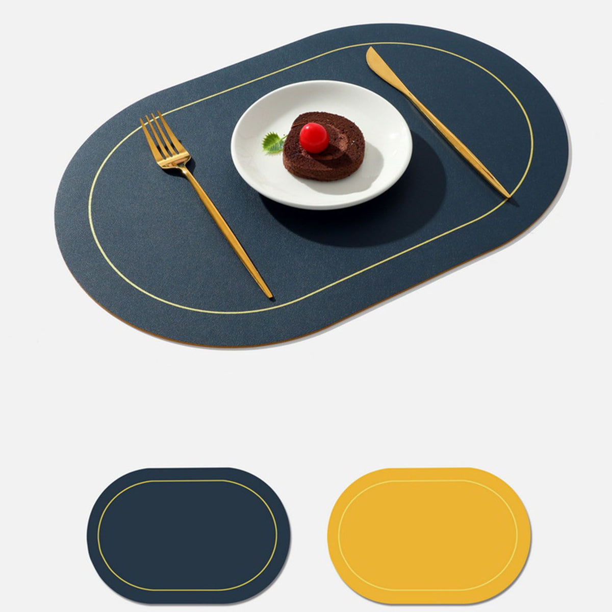 2Pcs Leather Oval Dining Food Mat Oil Proof Insulation Restaurant Table Home Hotel Non Slip Bowl Pad Placemat Blue
