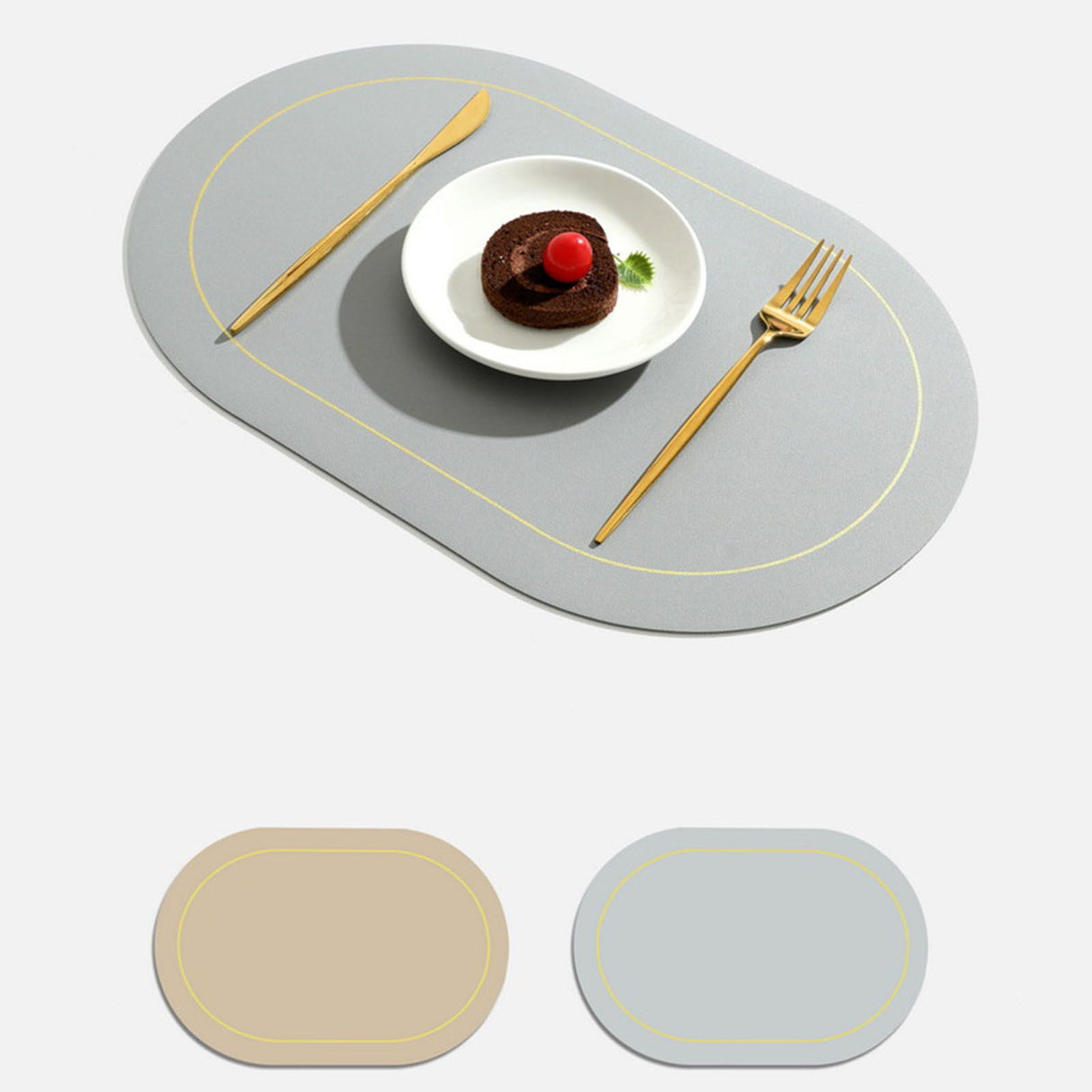 2Pcs Leather Oval Dining Food Mat Oil Proof Insulation Restaurant Table Home Hotel Non Slip Bowl Pad Placemat Light Gray