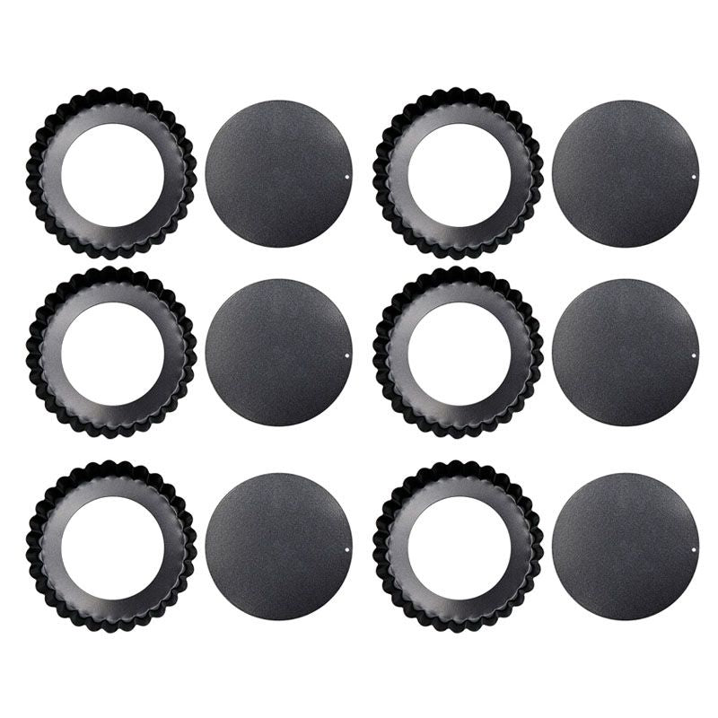 6PCS Removable Bottom Tart Pan Non Stick Coating Carbon Steel Black Quiche Pan for Kitchen