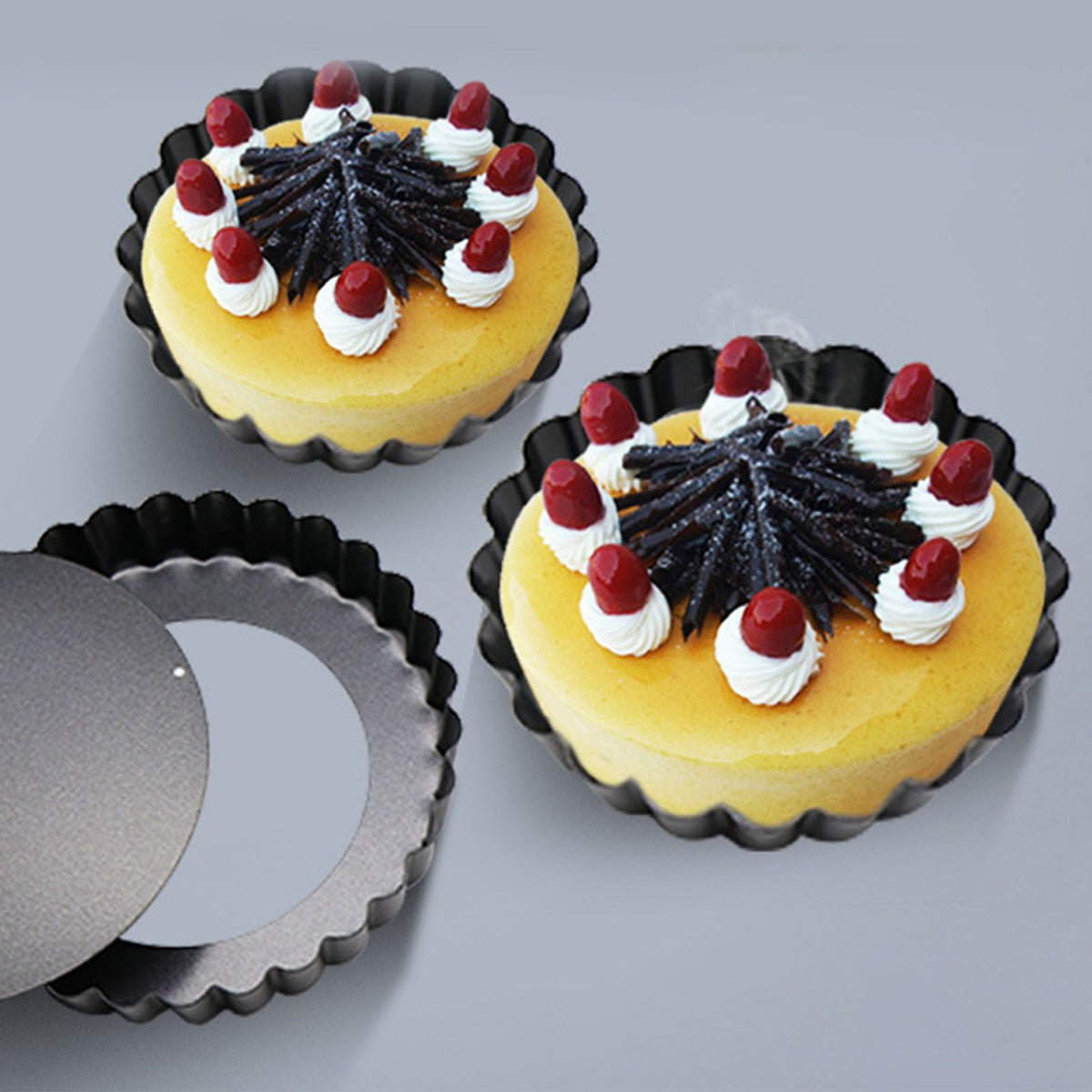 6PCS Removable Bottom Tart Pan Non Stick Coating Carbon Steel Black Quiche Pan for Kitchen
