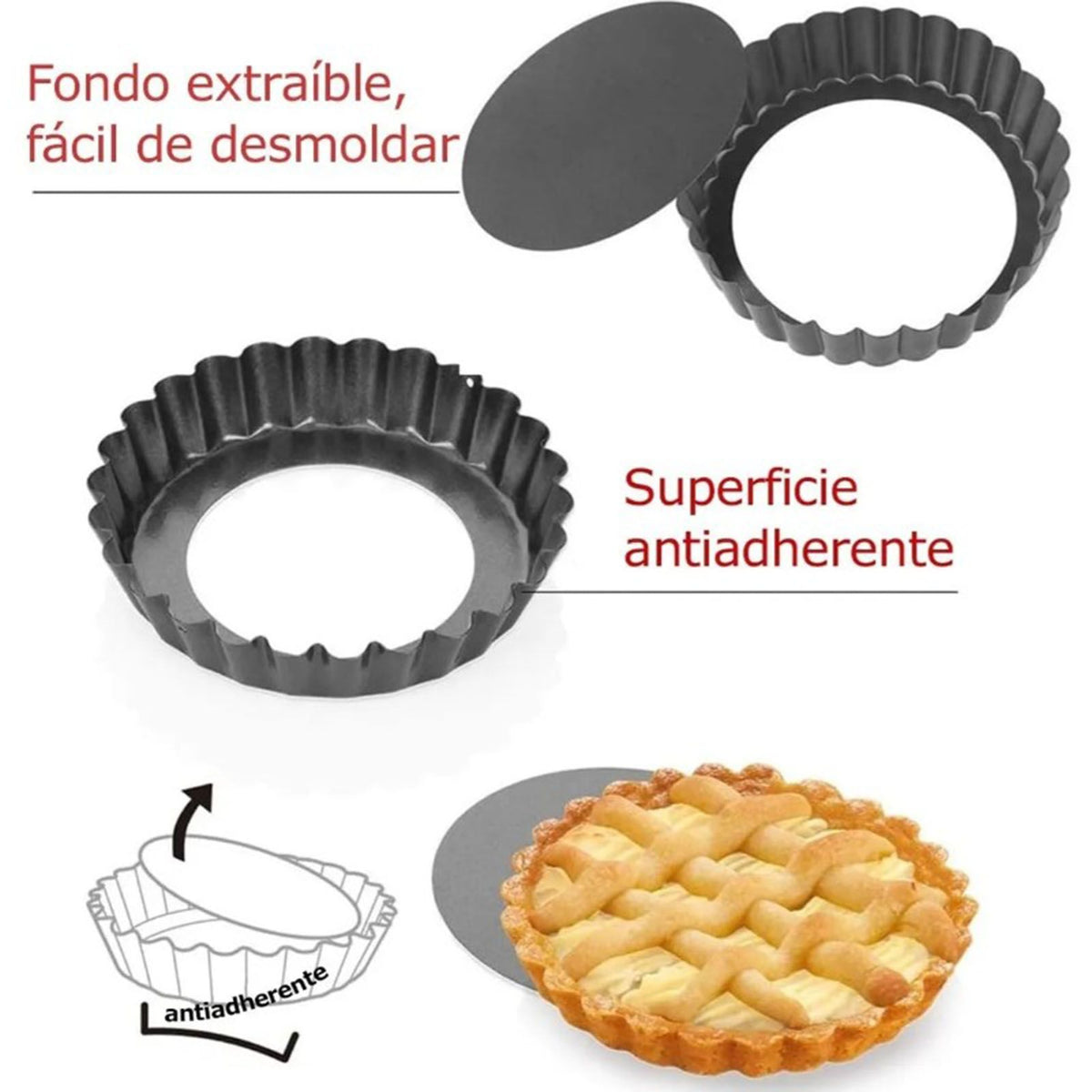 6PCS Removable Bottom Tart Pan Non Stick Coating Carbon Steel Black Quiche Pan for Kitchen