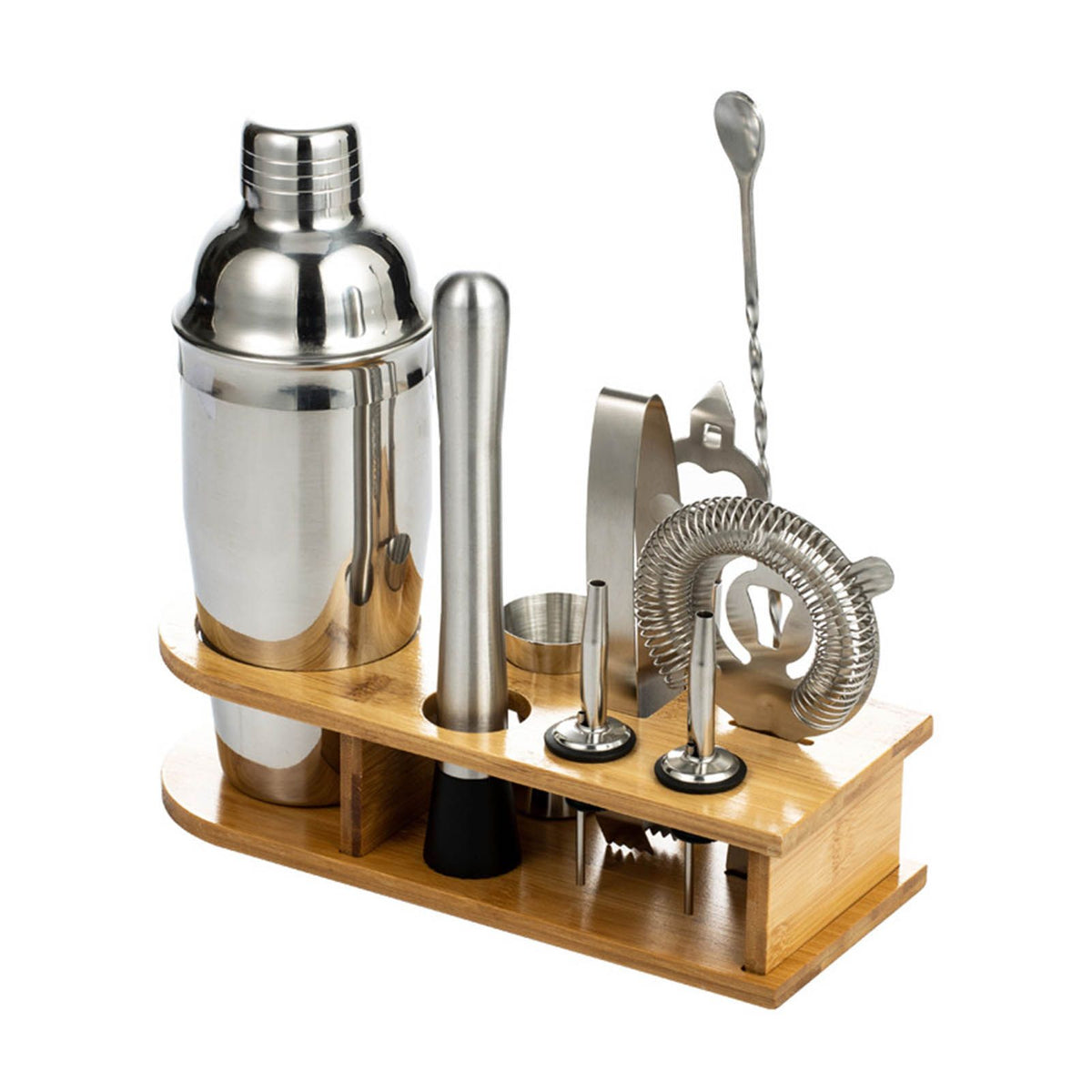 10PCS Home Bartending Kit Stainless Steel with Bamboo Tray Cocktail Mixing Tool Set for DIY Novice 550ML