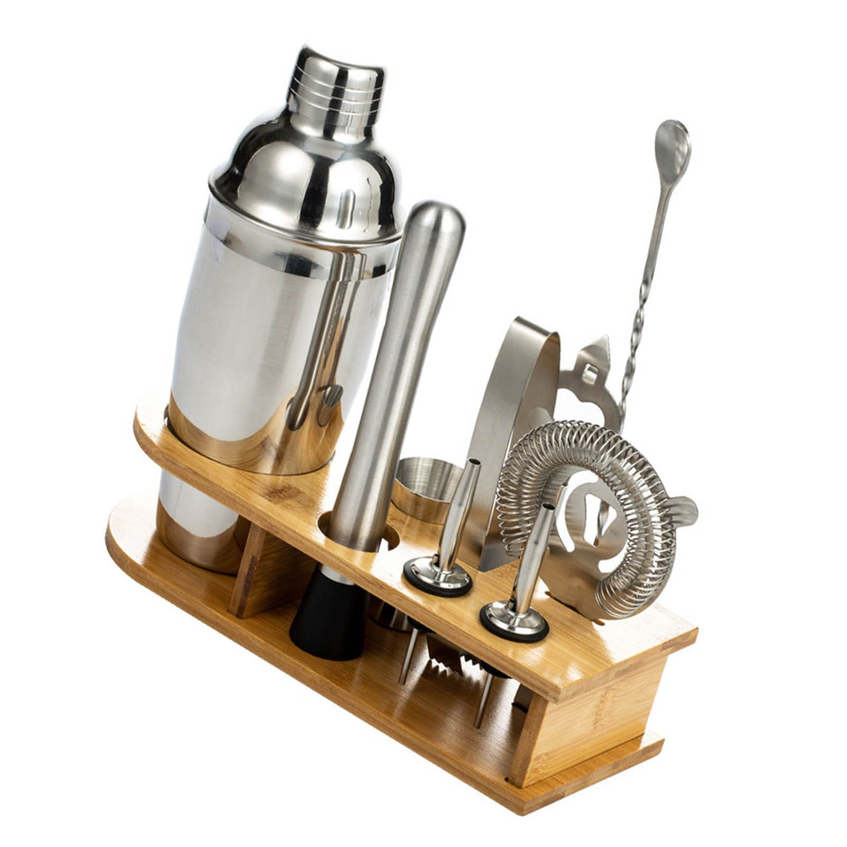 10PCS Home Bartending Kit Stainless Steel with Bamboo Tray Cocktail Mixing Tool Set for DIY Novice 550ML