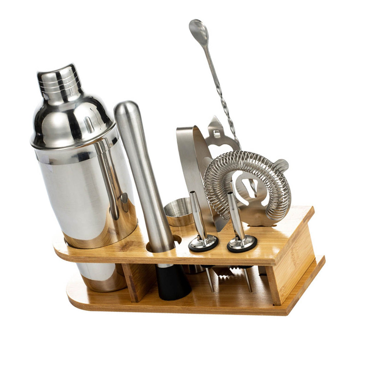 10PCS Home Bartending Kit Stainless Steel with Bamboo Tray Cocktail Mixing Tool Set for DIY Novice 550ML