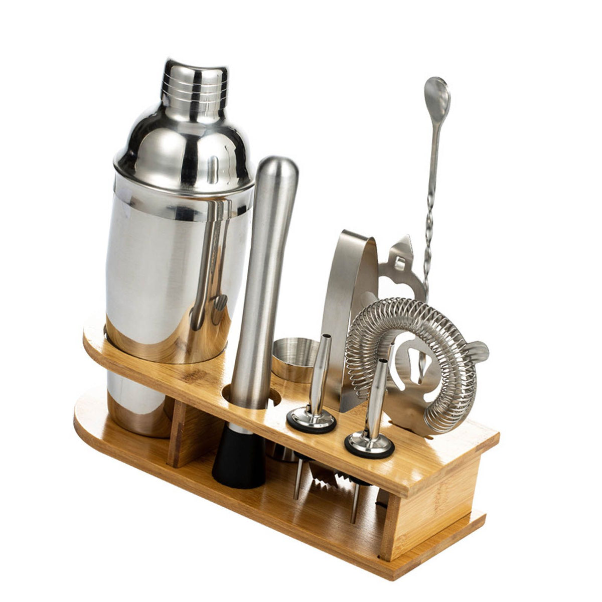 10PCS Home Bartending Kit Stainless Steel with Bamboo Tray Cocktail Mixing Tool Set for DIY Novice 550ML