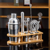 10PCS Home Bartending Kit Stainless Steel with Bamboo Tray Cocktail Mixing Tool Set for DIY Novice 550ML - 45-Degree Angle