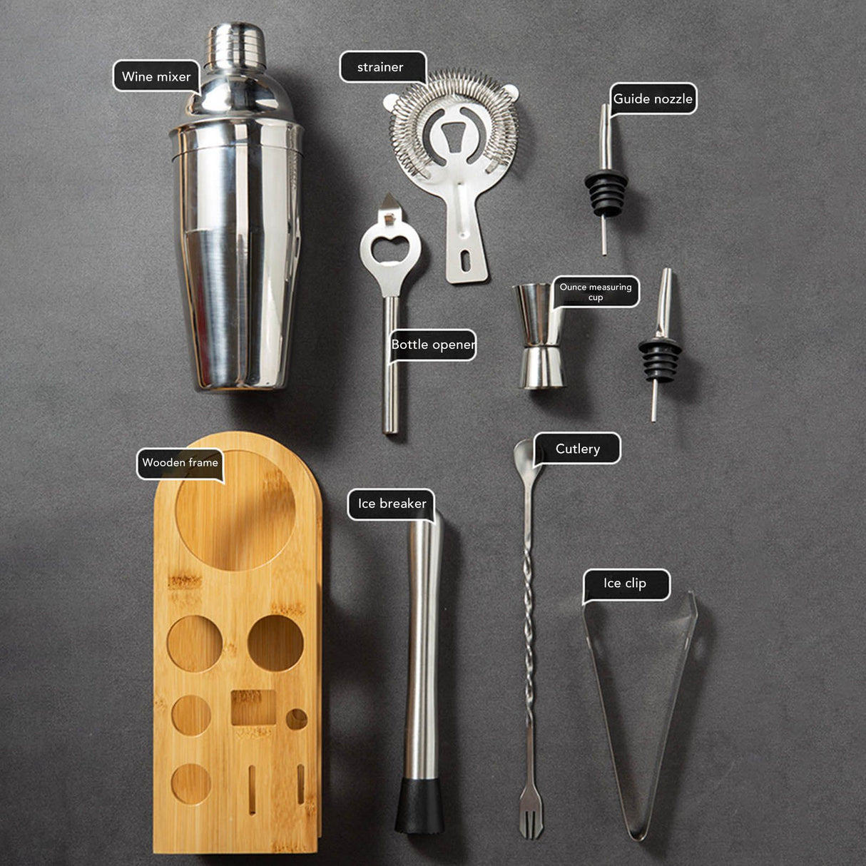 10PCS Home Bartending Kit Stainless Steel with Bamboo Tray Cocktail Mixing Tool Set for DIY Novice 550ML