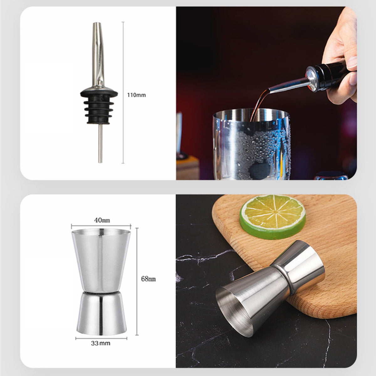 10PCS Home Bartending Kit Stainless Steel with Bamboo Tray Cocktail Mixing Tool Set for DIY Novice 550ML