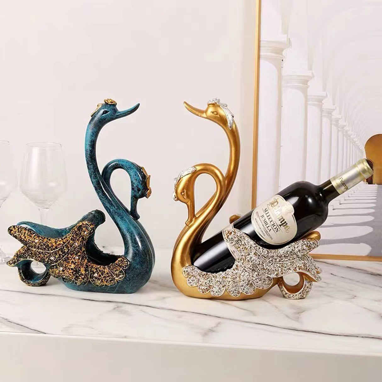 Luxury Swan Wine Rack Innovative Desktop Wine Cabinet Decorative Ornaments for Living Room Office Blue