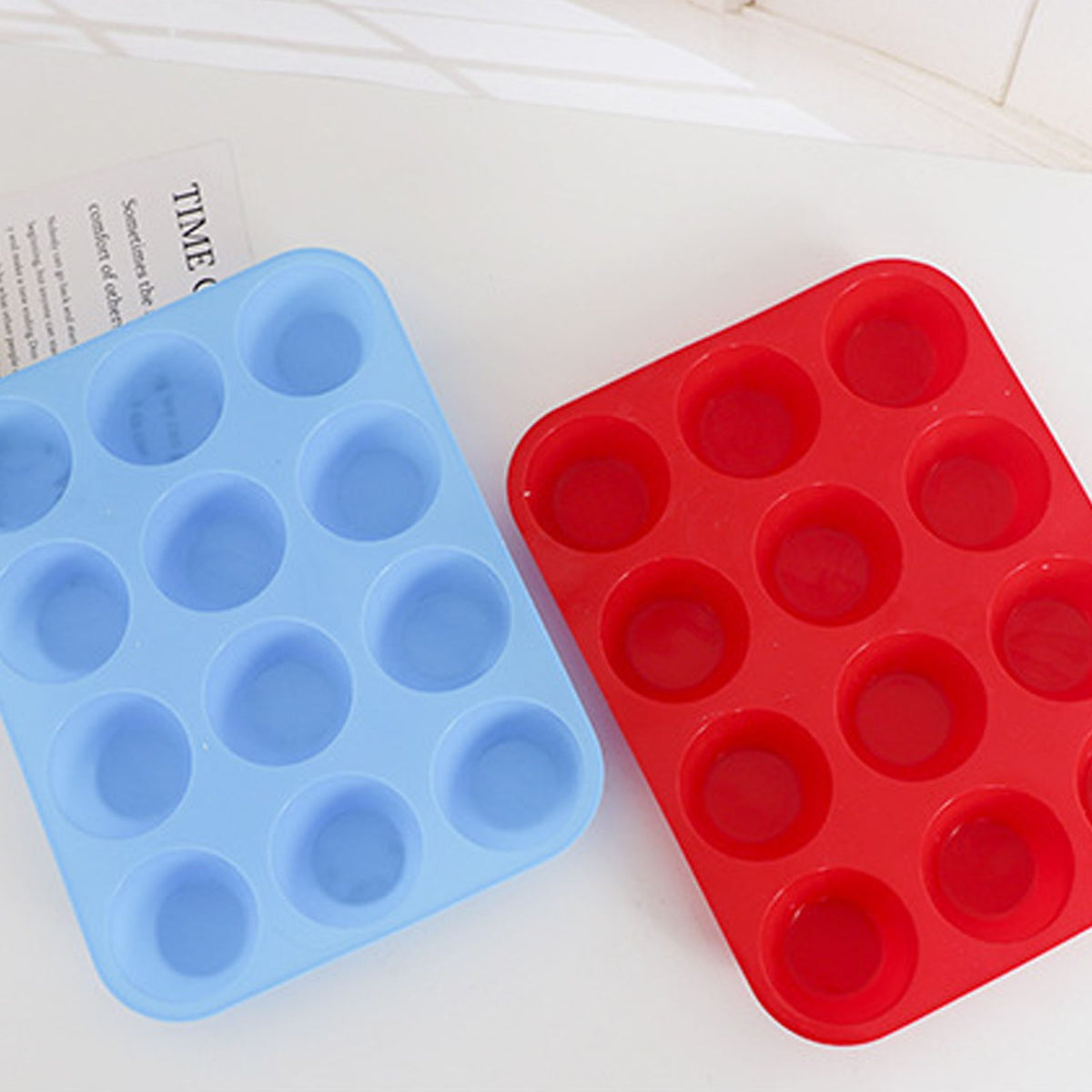 12 Cupcake Pan Soft Silicone Round Shape Easy Release Muffin Pan for Cupcake Muffin Gelatin Soap Candle Blue