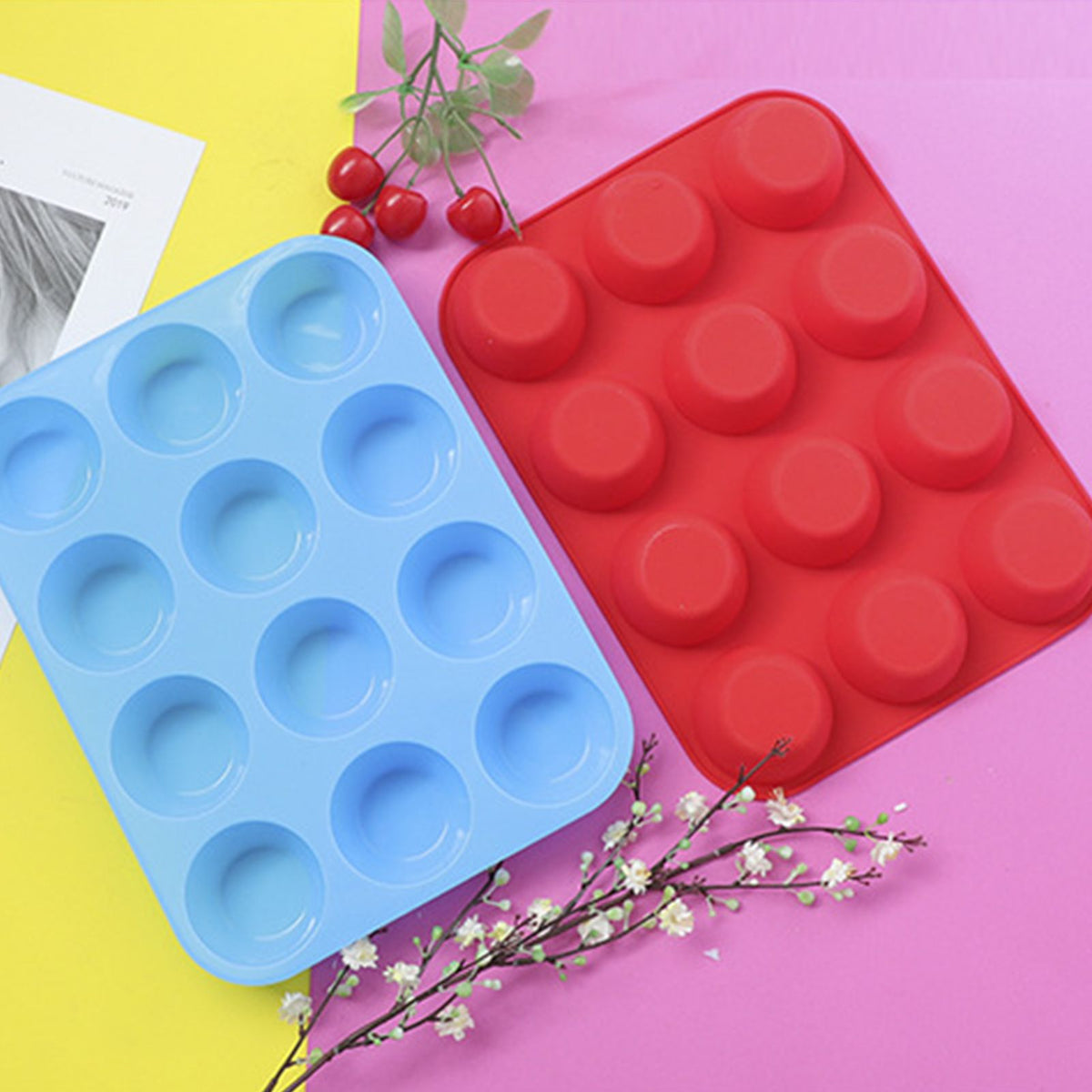 12 Cupcake Pan Soft Silicone Round Shape Easy Release Muffin Pan for Cupcake Muffin Gelatin Soap Candle Blue