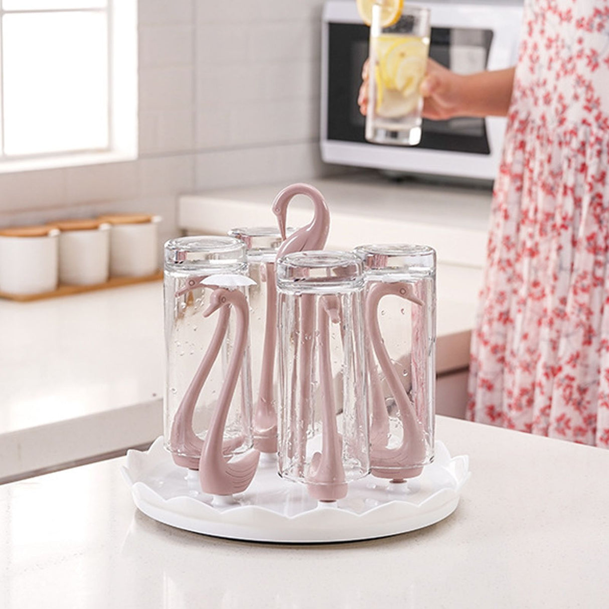 Swan Cup Holder with Rotating Drip Tray Plastic Rotatable Drinking Cup Drainer Stand Rack for Home Kitchen Pink 6 Heads