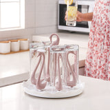 Swan Cup Holder with Rotating Drip Tray Plastic Rotatable Drinking Cup Drainer Stand Rack for Home Kitchen Pink 6 Heads