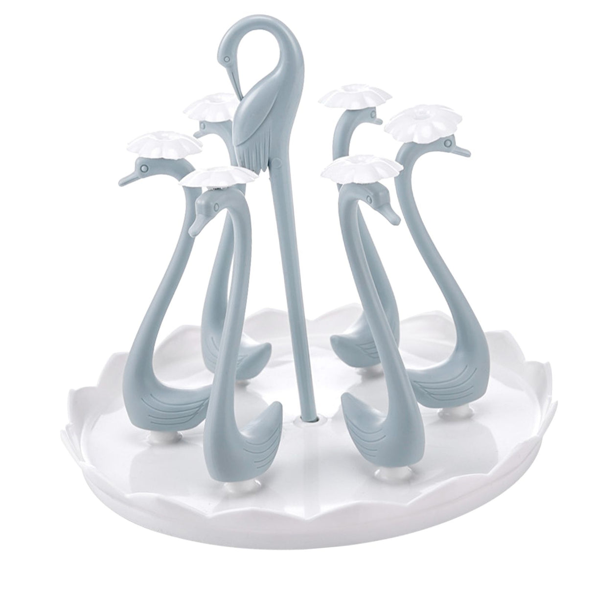 Swan Cup Holder with Rotating Drip Tray Plastic Rotatable Drinking Cup Drainer Stand Rack for Home Kitchen Blue 6 Heads