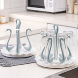 Swan Cup Holder with Rotating Drip Tray Plastic Rotatable Drinking Cup Drainer Stand Rack for Home Kitchen Blue 6 Heads - 45-Degree Angle