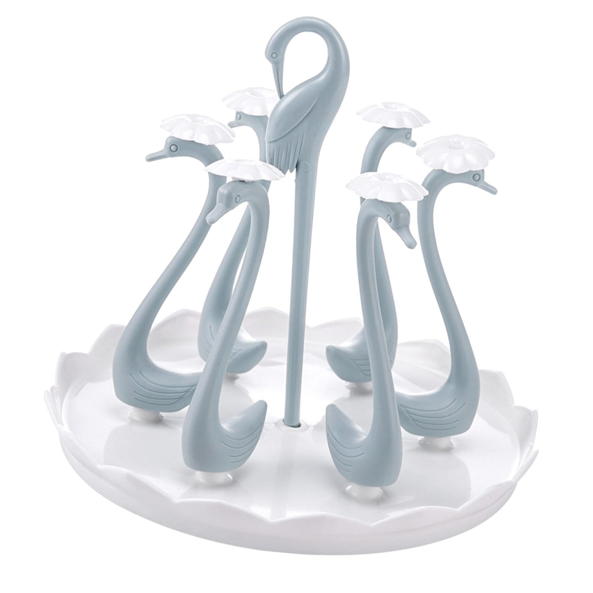 Swan Cup Holder with Rotating Drip Tray Plastic Rotatable Drinking Cup Drainer Stand Rack for Home Kitchen Blue 6 Heads