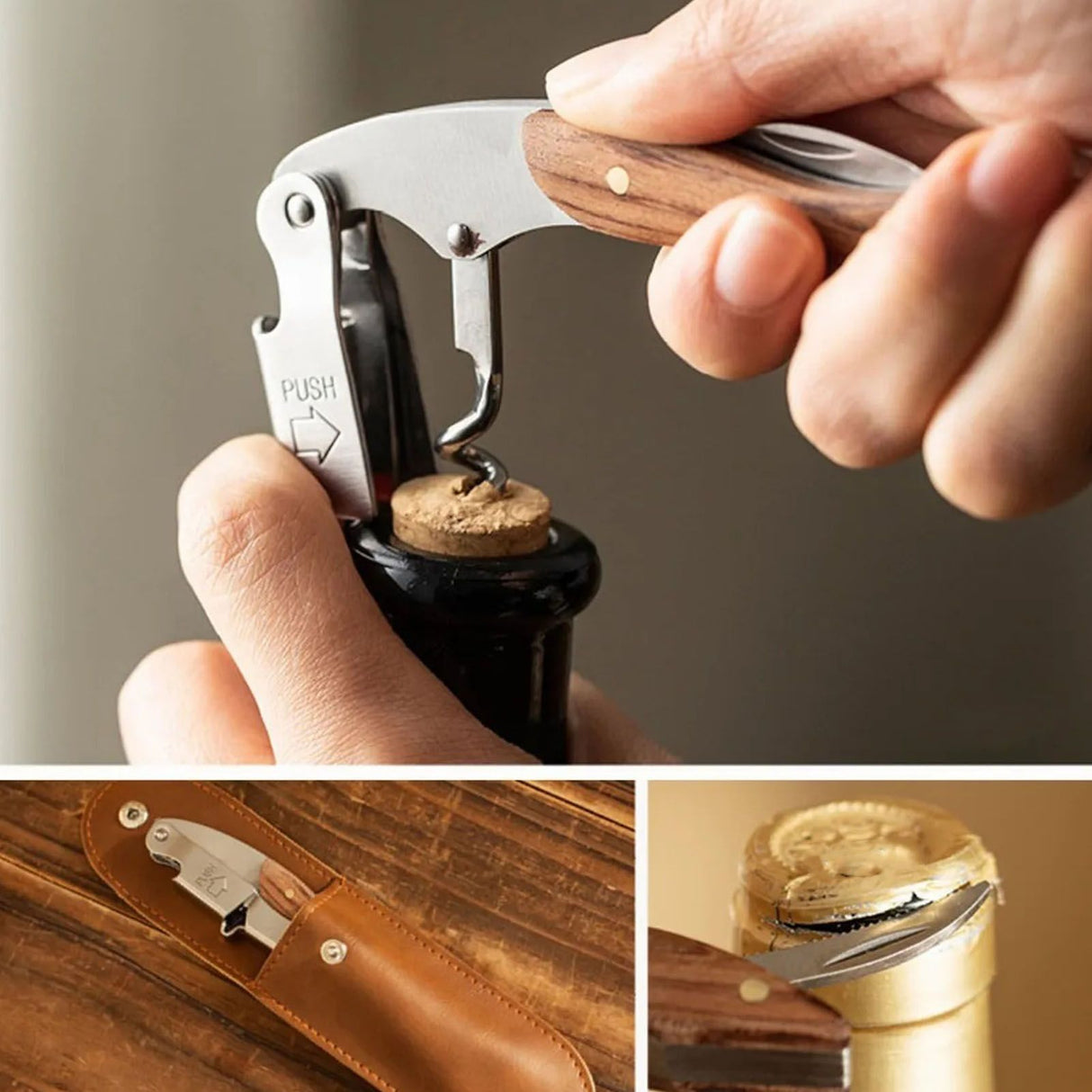 Wine Bottle Opener Corkscrew Stainless Steel Wood Easy Grip Portable Tool for Home