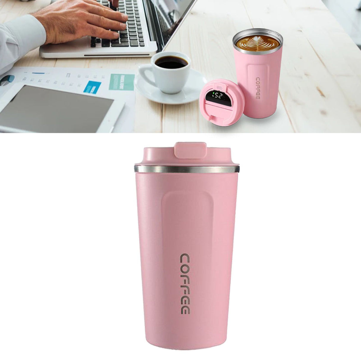Smart Temperature Display Coffee Cup Portable 304 Stainless Steel Insulation Cup Simple Style Pure Color Generation 2nd Pink 380ml