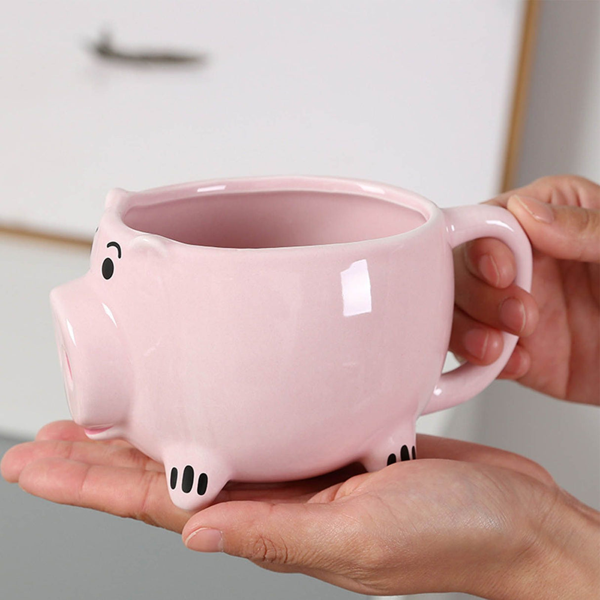 Ceramic Coffee Mug Wide Mouth Piggy Cute Water Cup with Handle for Home Cafe Office Pink