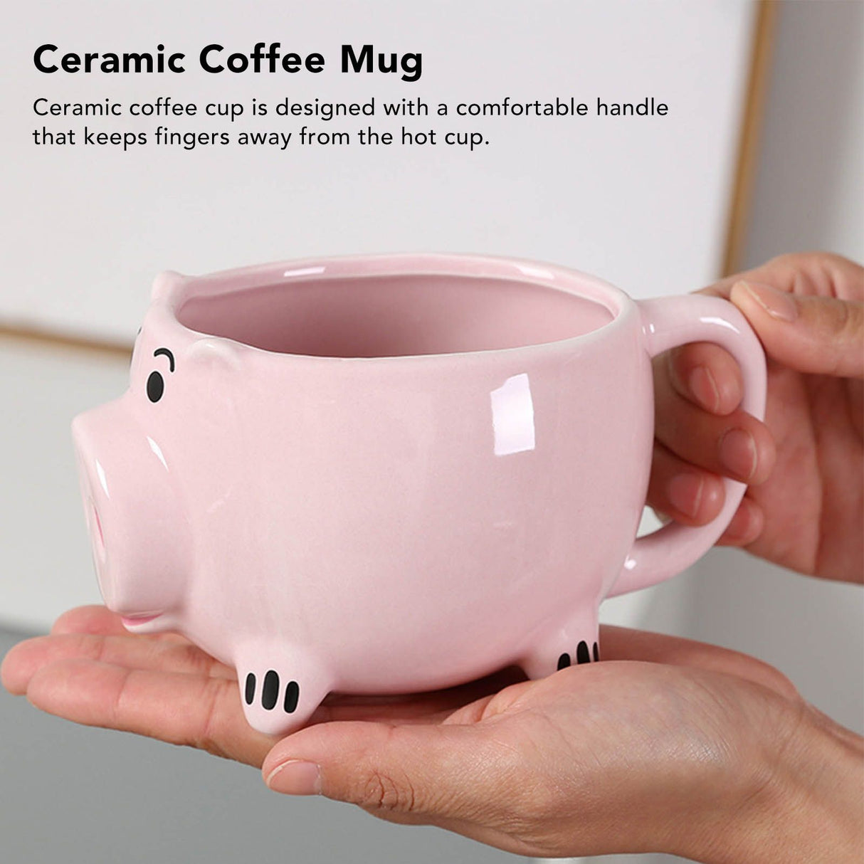 Ceramic Coffee Mug Wide Mouth Piggy Cute Water Cup with Handle for Home Cafe Office Pink