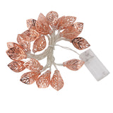 Rose Gold String Lights 20 LEDs Waterproof Battery Powered Hollowed Out Leaf Lights String Party Door Indoor - Close-Up Angle