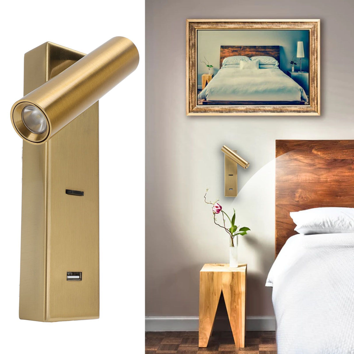 LED Wall Mounted Reading Light Simple Rechargeable Adjustable Angle Bedroom Wall Lamp for Hotel Bedroom 100V‑240V White Light