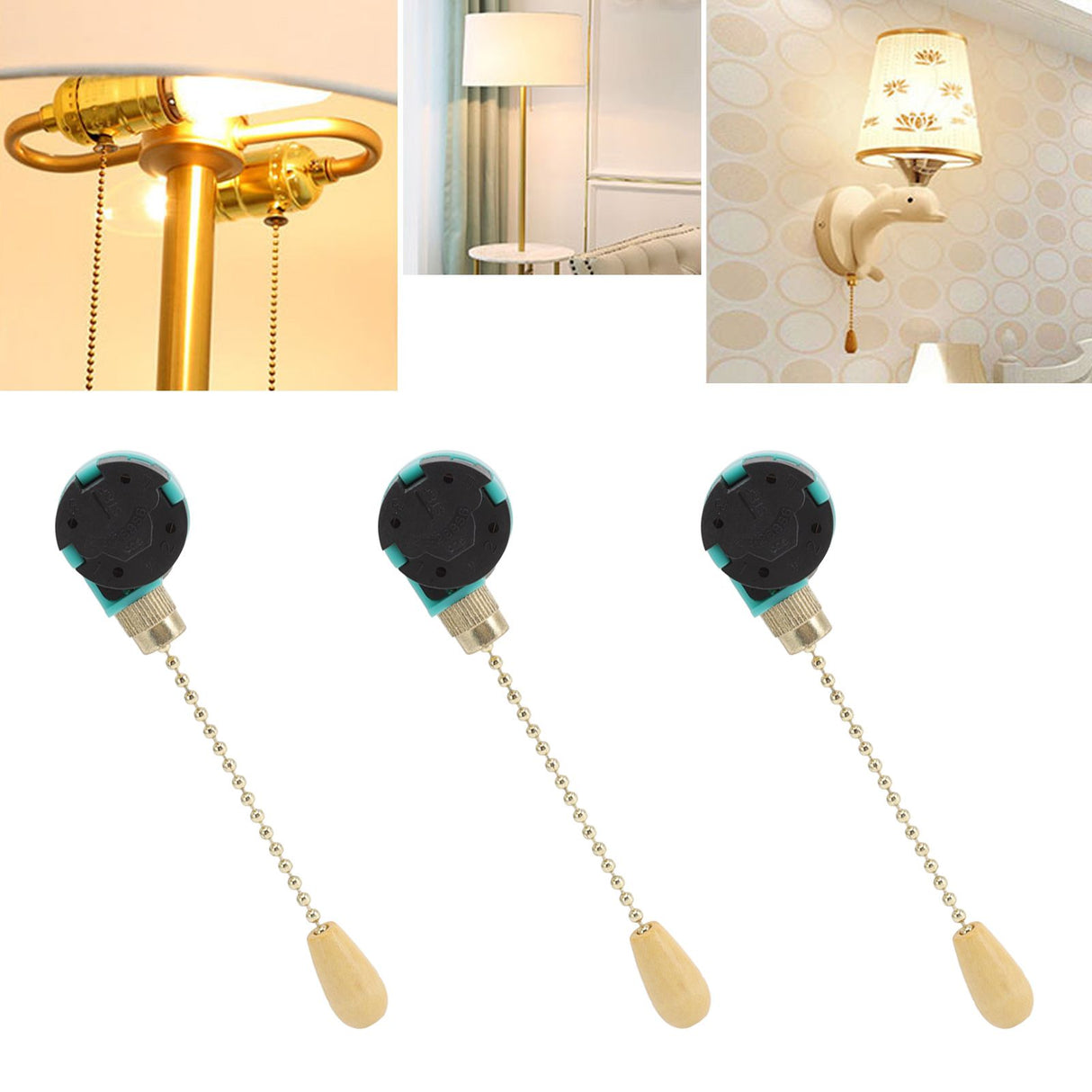 3Pcs Ceiling Light Pull Chain Switch 3 Speed 4 Wire Ceiling Fan Lamp Switch for Ceiling Lamp Fan Lamp Wall Lamp Gold