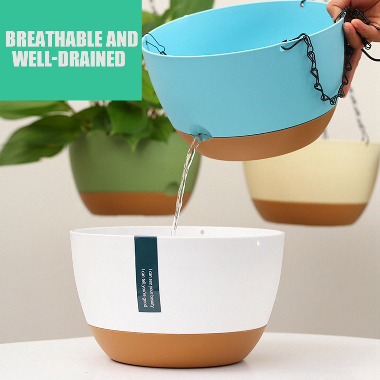 Hanging Double Chain Hanging Basket Planter Home Balcony Indoor Automatic Water Absorbing Basin
