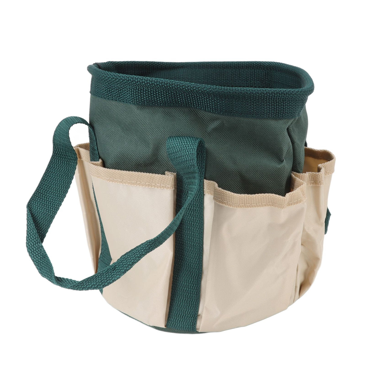 Round Garden Tools Bag 6 Pockets Oxford Cloth Gardening Tool Storage Tote for Men Women Gardener Green with Cream Color