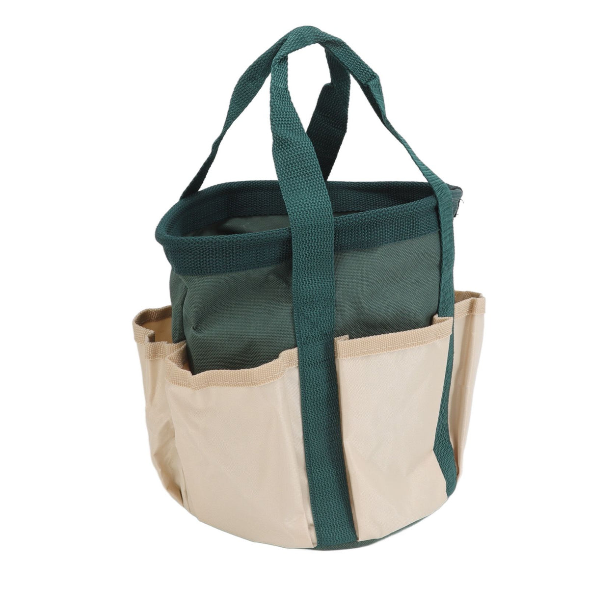 Round Garden Tools Bag 6 Pockets Oxford Cloth Gardening Tool Storage Tote for Men Women Gardener Green with Cream Color