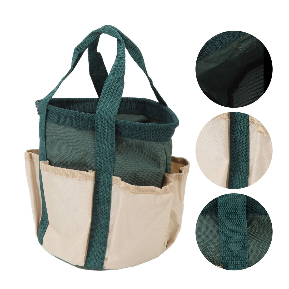 Round Garden Tools Bag 6 Pockets Oxford Cloth Gardening Tool Storage Tote for Men Women Gardener Green with Cream Color