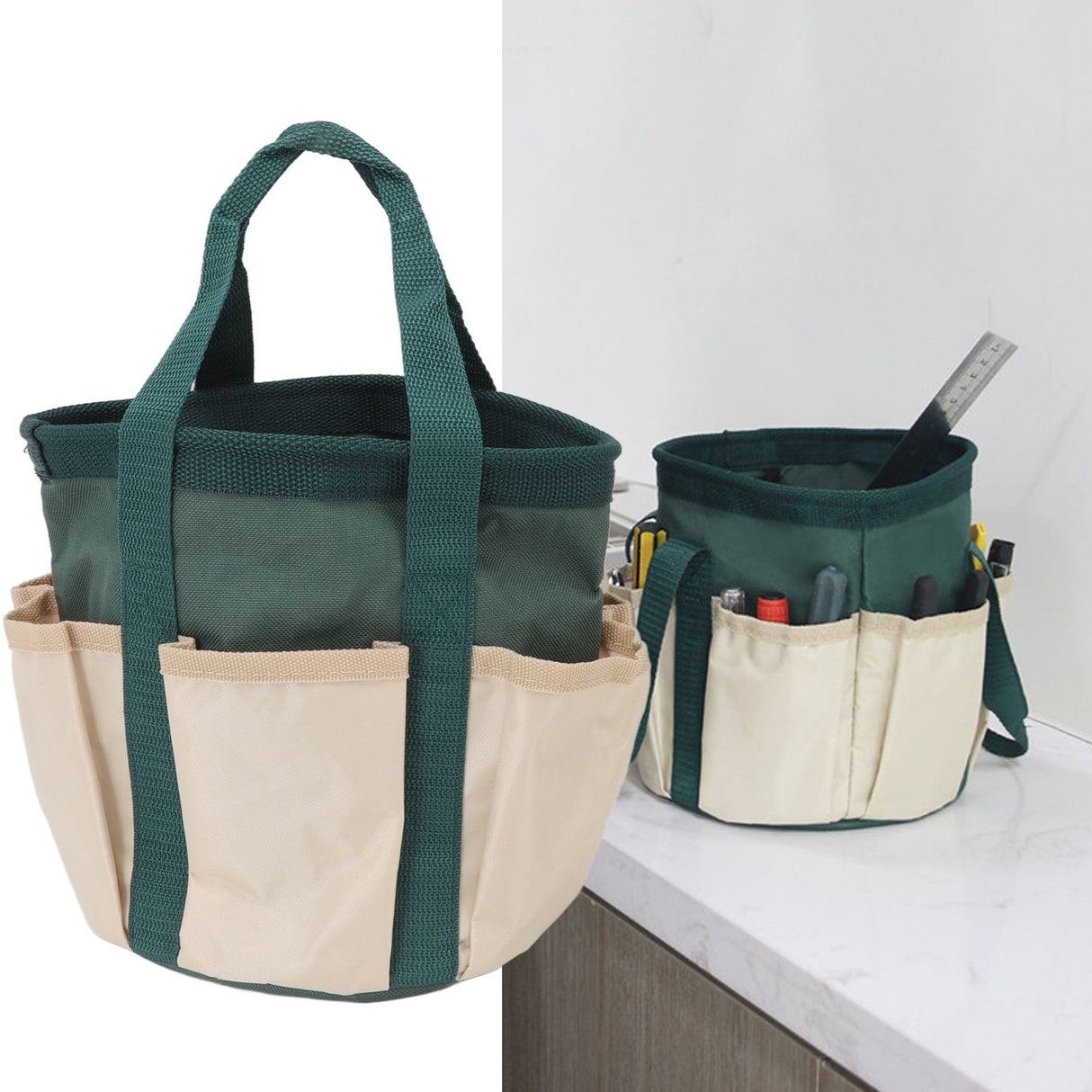 Round Garden Tools Bag 6 Pockets Oxford Cloth Gardening Tool Storage Tote for Men Women Gardener Green with Cream Color