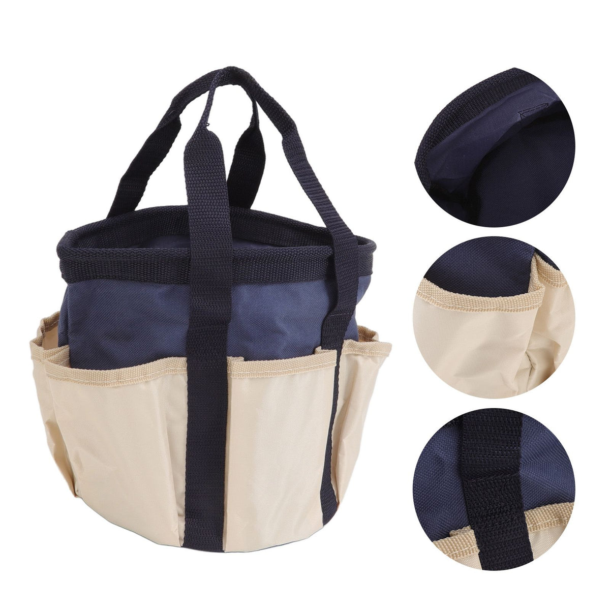 Round Garden Tools Bag 6 Pockets Oxford Cloth Gardening Tool Storage Tote for Men Women Gardener Dark Blue with Cream Color
